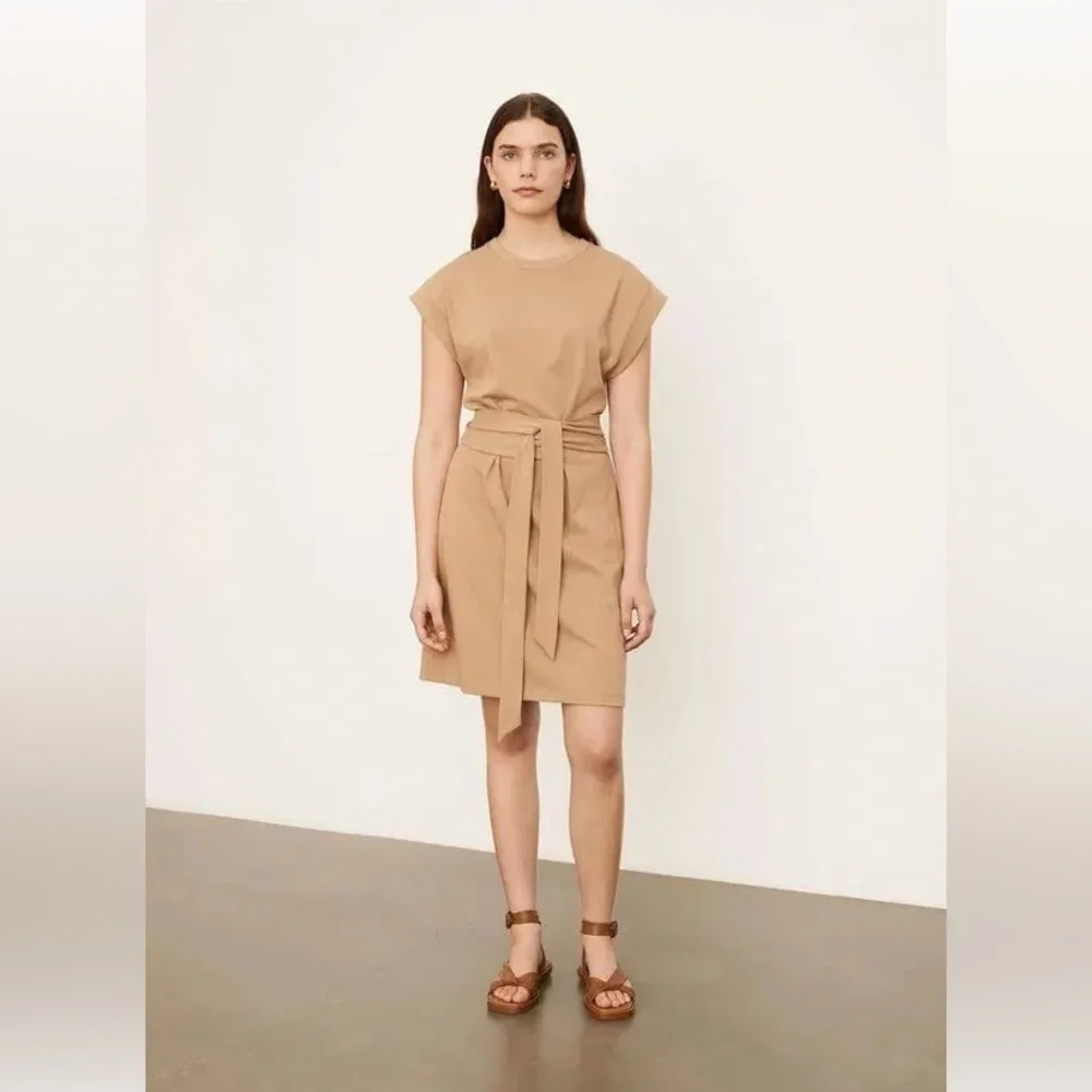 VINCE COTTON CAMEL TAN COLOR BELTED SHEATH DRESS SZ XS - Picture 8 of 9